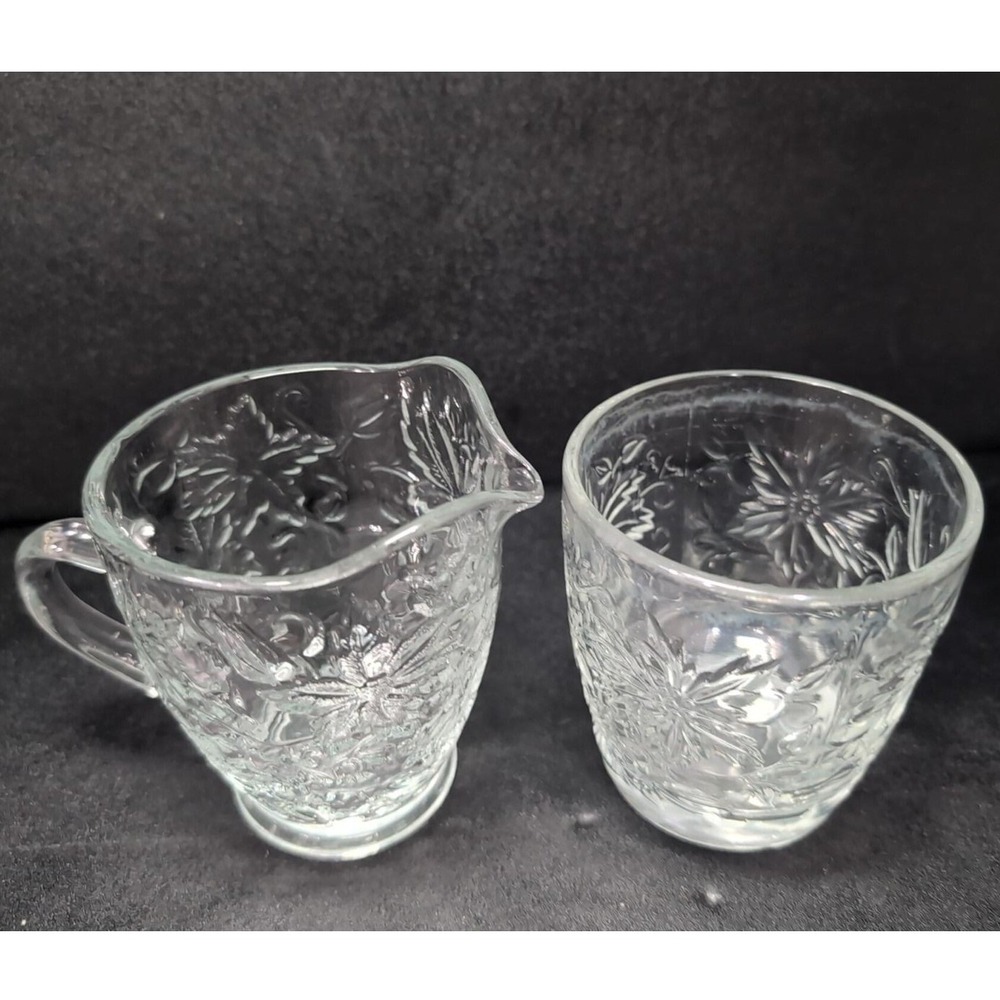 Princess House Fantasia Open Sugar Bowl & Creamer Set #5242, Etched Poinsettias - Picture 7 of 12